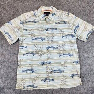 COVA Button Down Shirt Men M Blue Fish Print Coastal Fishing Summer Casual Short
